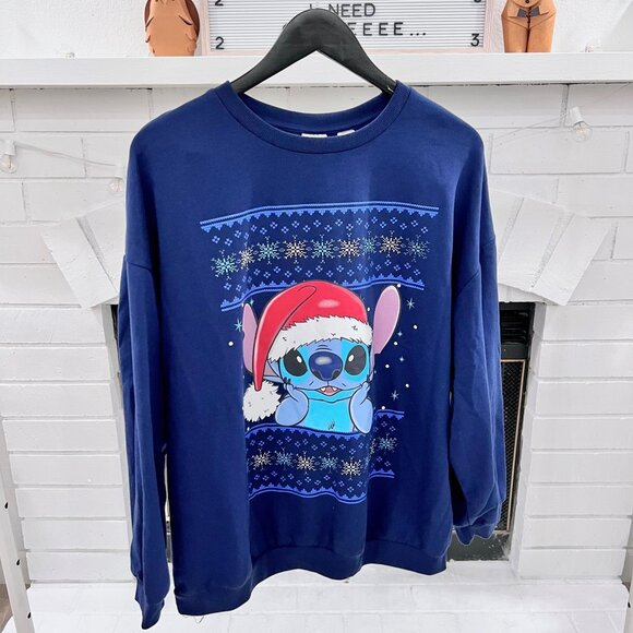 Disney Lilo & Stitch Holiday Stitch Wearing Santa Hat Crew Sweatshirt Pullover - Picture 1 of 4